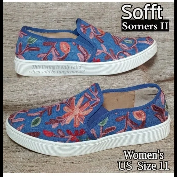 Sofft Women Somers Knit slip-on sneaker blue embroidered floral size 11M - Picture 2 of 11